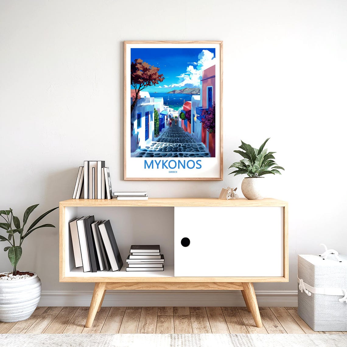 Mykonos Street Walkers Sailboats Bay View Greece Decor Poster - Image 2