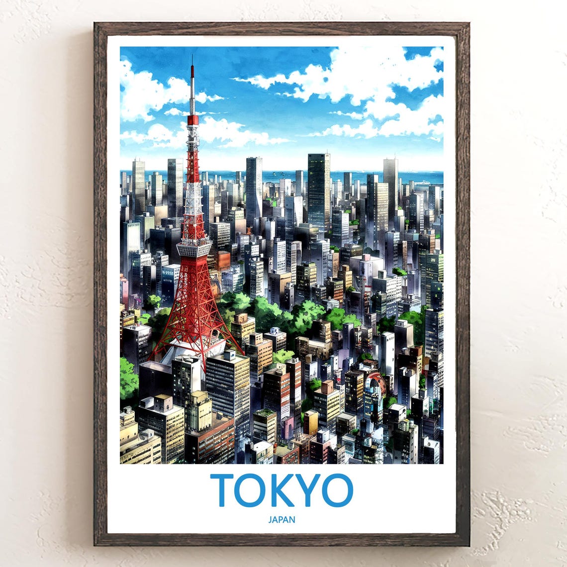 Tokyo Tower Anime Illustration Bright Blue Sky Japan Travel Poster