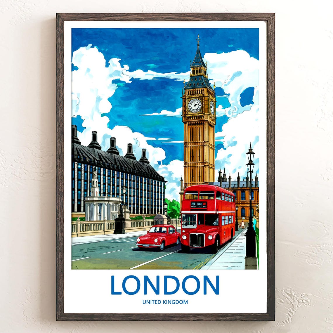 London Big Ben Vintage Routemaster Bus and Classic Red Car Poster