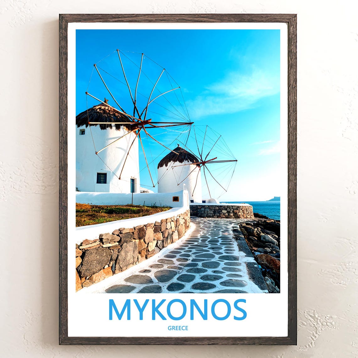 Mykonos Windmills Bright Blue Sky Greece Photo Travel Poster