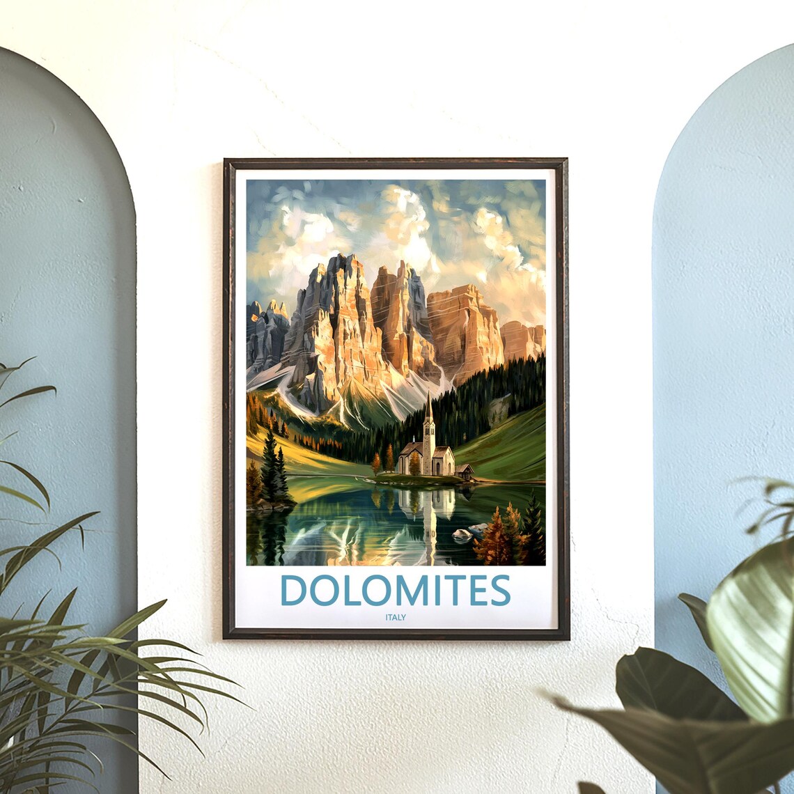 Dolomites Italy Golden Glowing Peaks Lake Church Travel Poster - Image 3