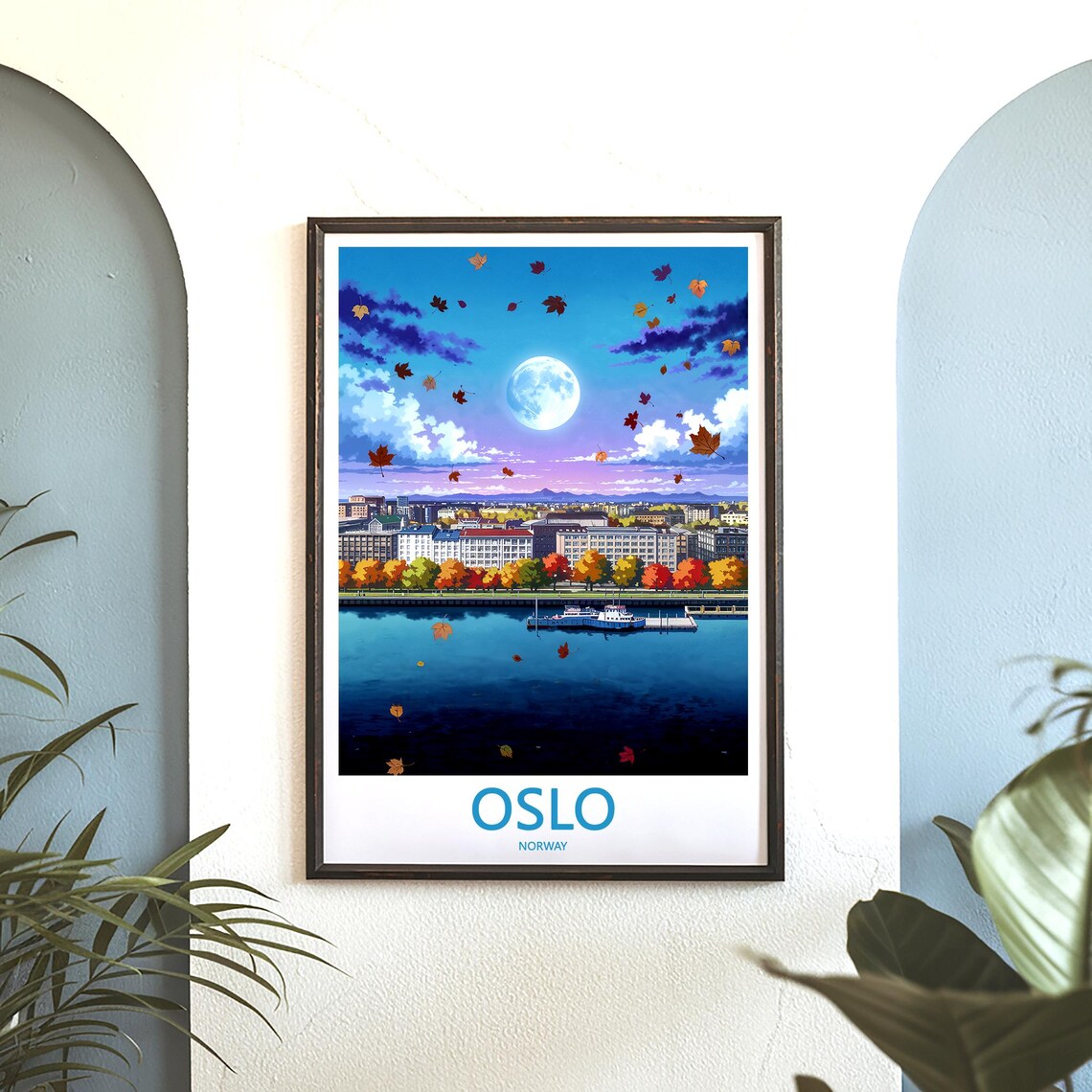 Oslo Moonlit Autumn Fjord Harbor with Falling Leaves Travel Poster - Image 3