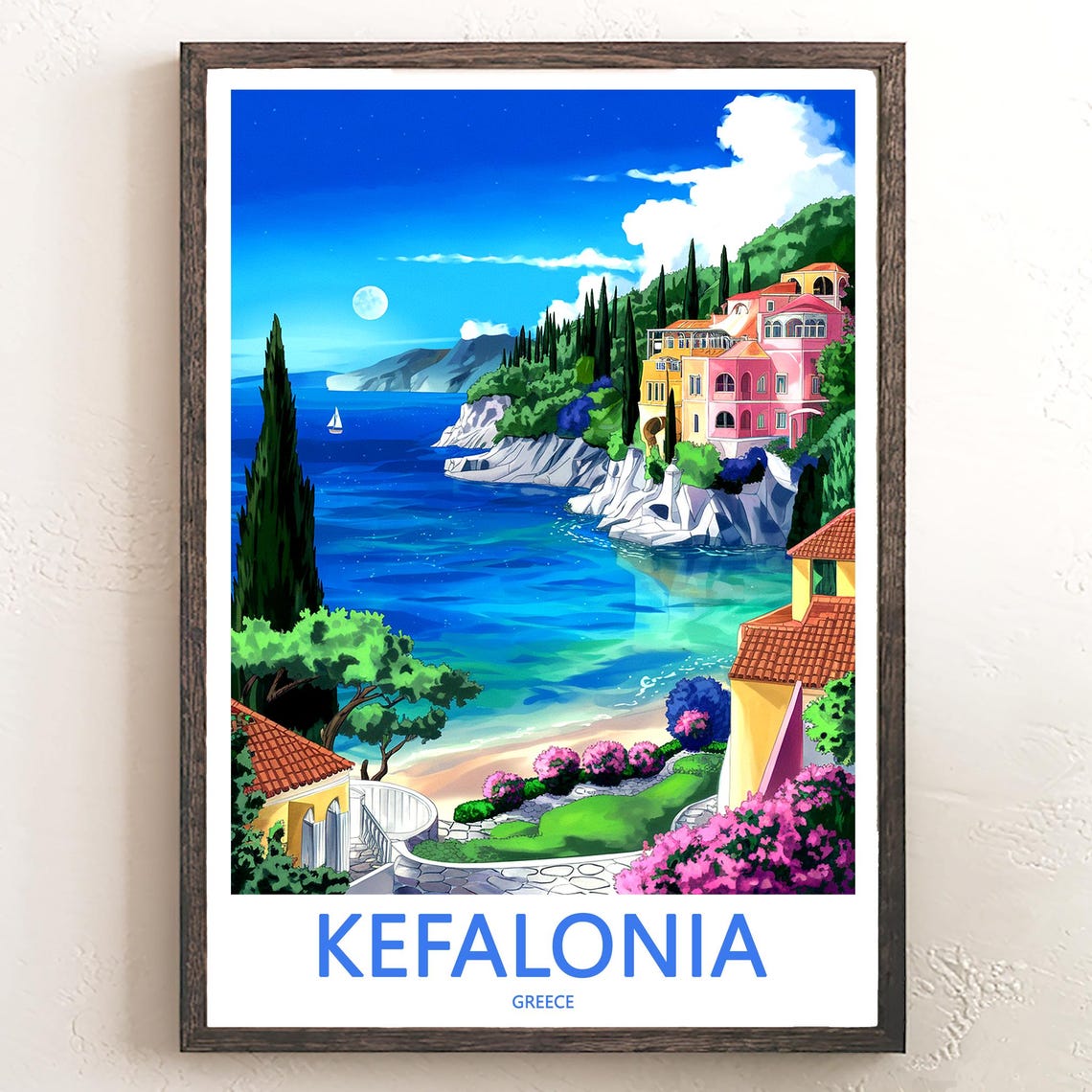 Kefalonia Greece Dusk Bay Flowering Garden Terrace Painted Poster
