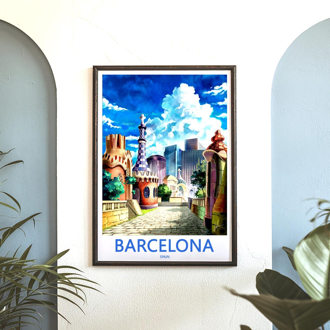 Barcelona Gaudí Tower Cobblestone Path Sunny Day Travel Poster - Image 3