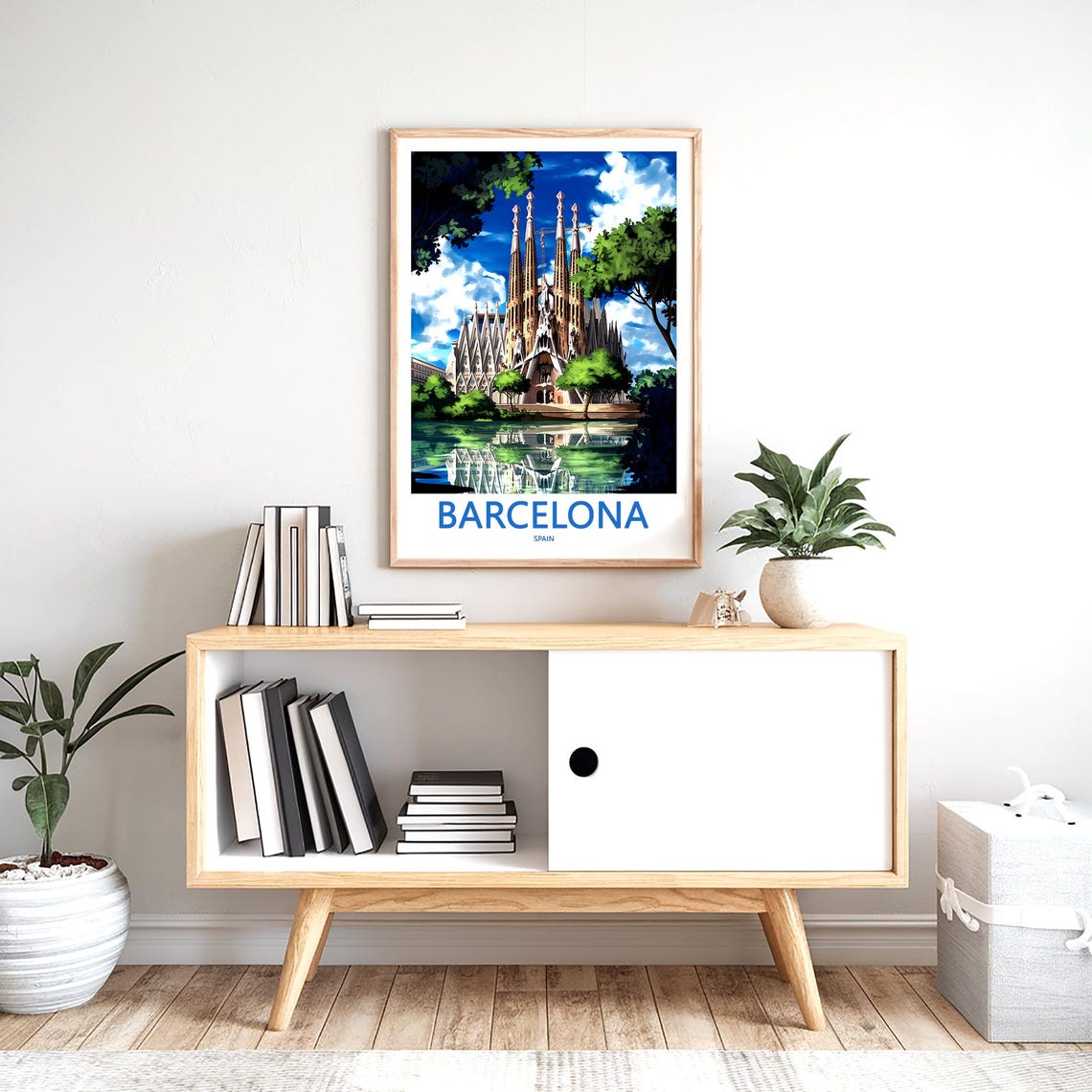 Barcelona Sagrada Familia Water Reflection Dense Trees Travel Poster - Image 2