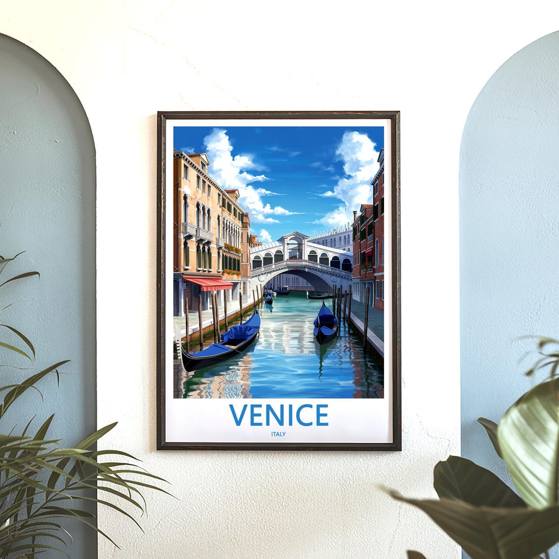 Venice Italy Illustrated Rialto Bridge With Blue Gondolas Poster - Image 3
