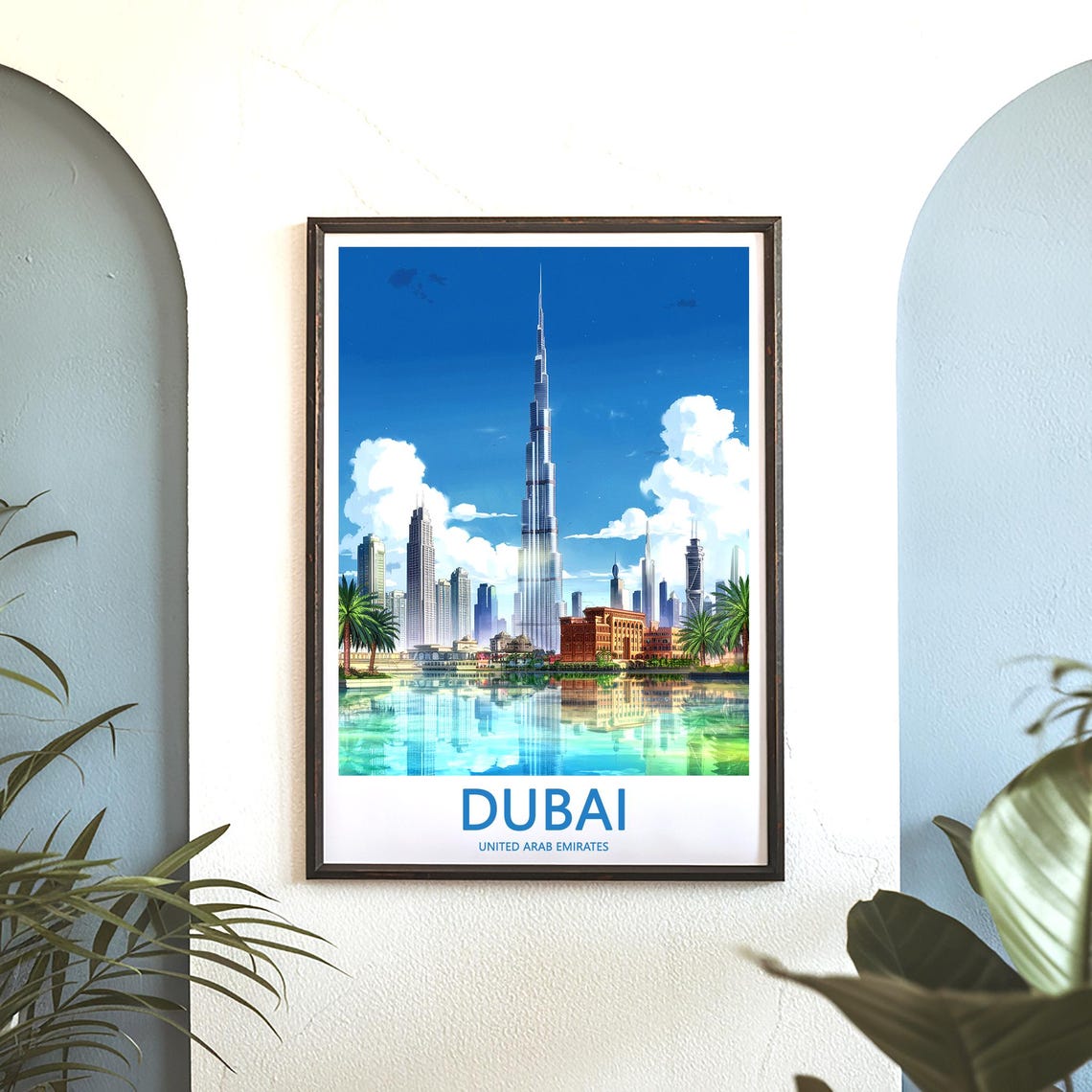 Dubai Burj Khalifa Fountain Lake Illustrated with Palm Trees Poster - Image 3