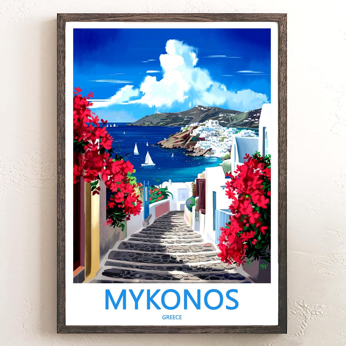 Mykonos Steps To The Bay Red Bougainvillea Greece Art Poster