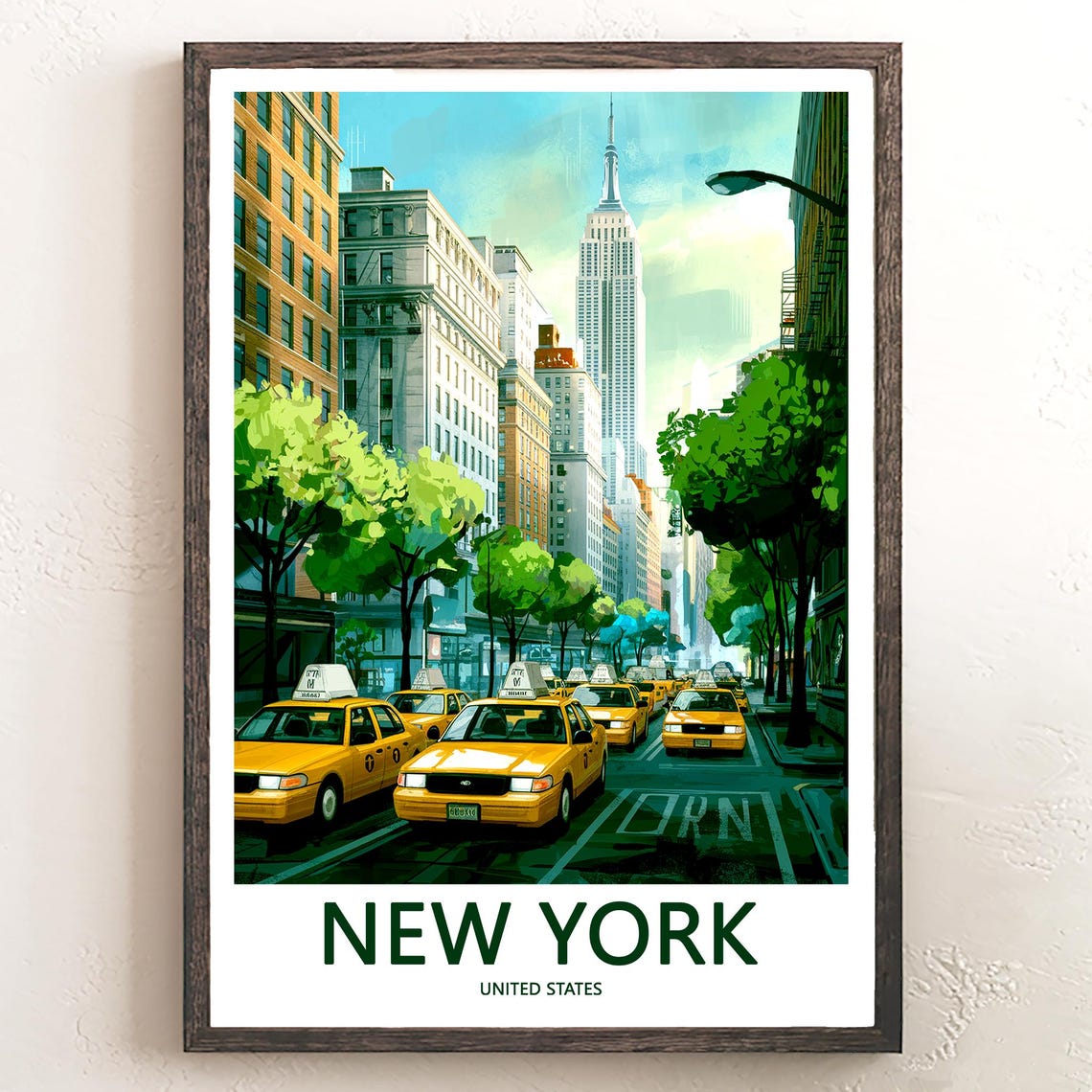 New York Yellow Taxis Empire State Building Street Travel Poster