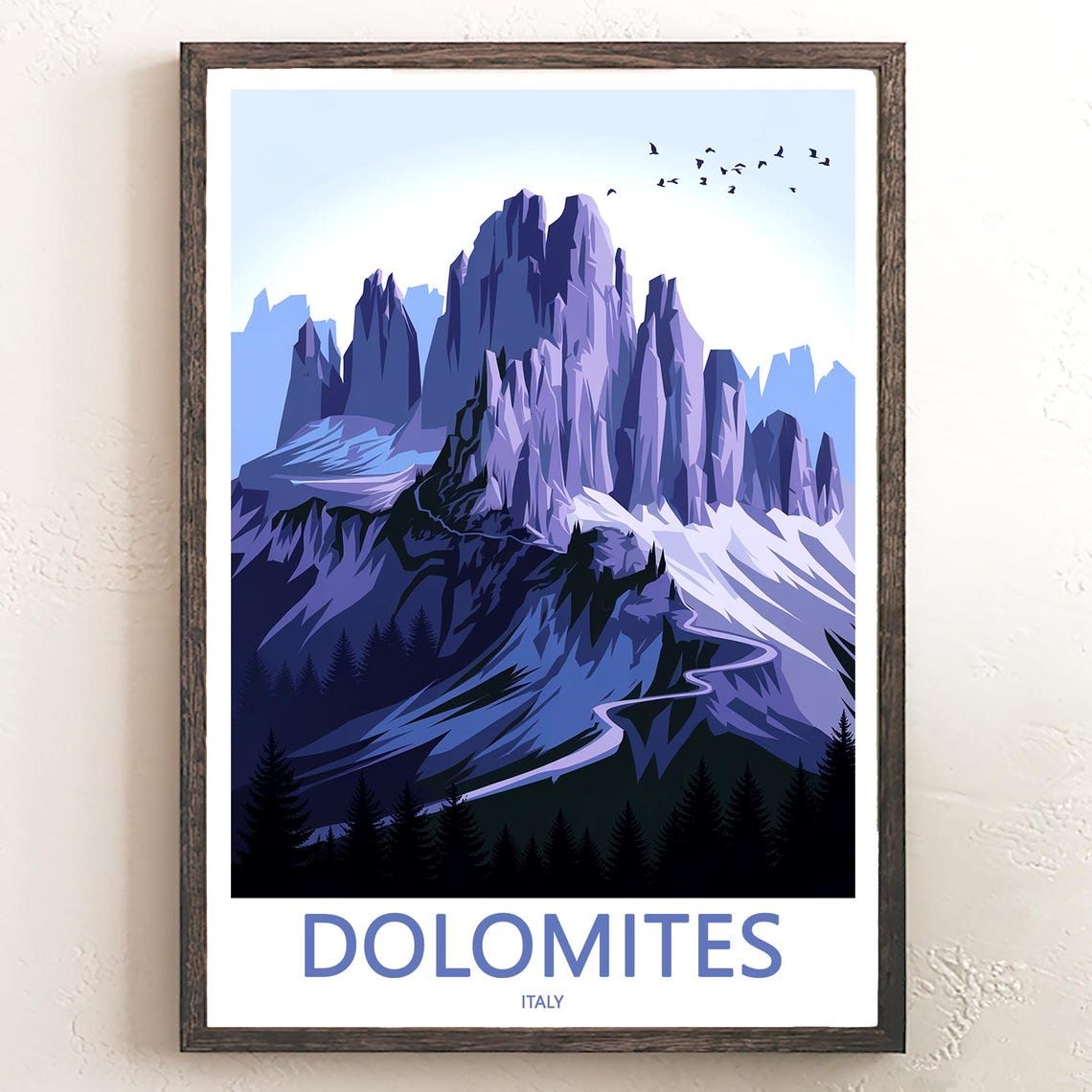 Dolomites Purple Peaks with Snowy Trail Italy Mountain Poster