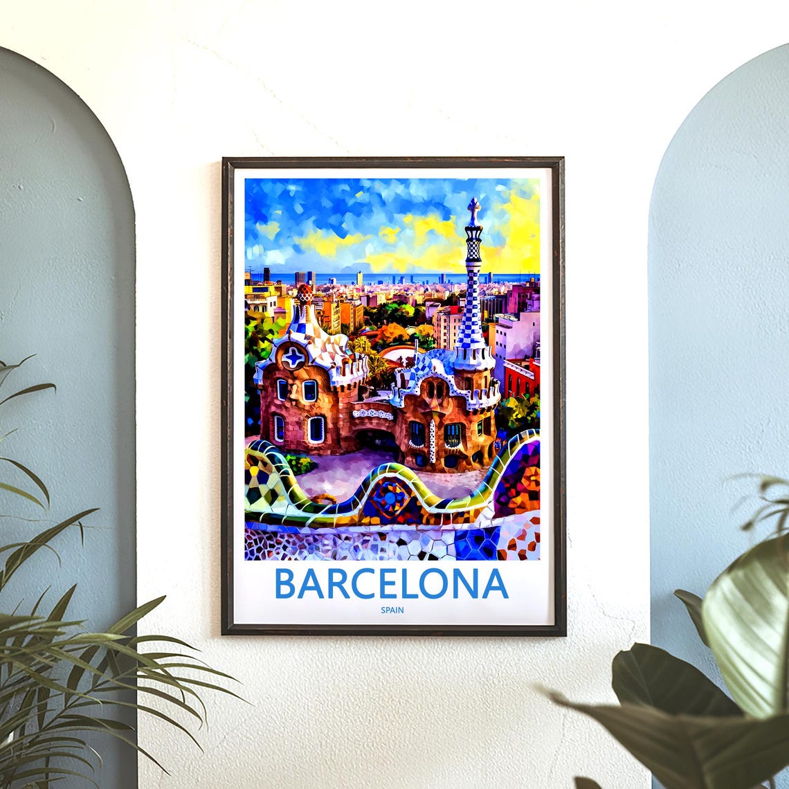 Barcelona Park Güell Gatehouse Mosaic Style Colorful City Poster - Image 3
