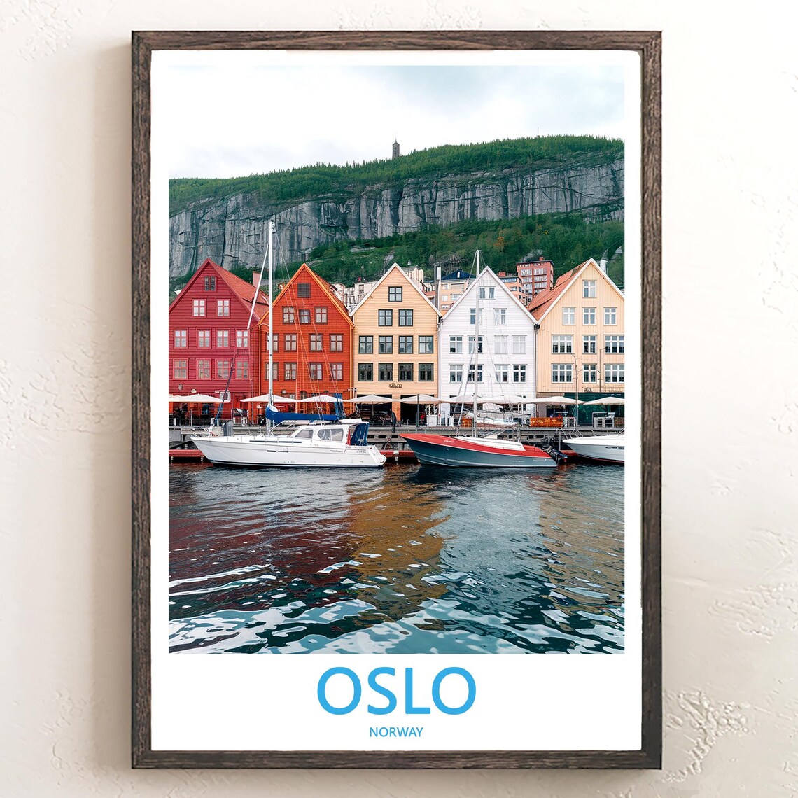 Oslo Harbor Colorful Houses and Sailboats Under Cliff Poster