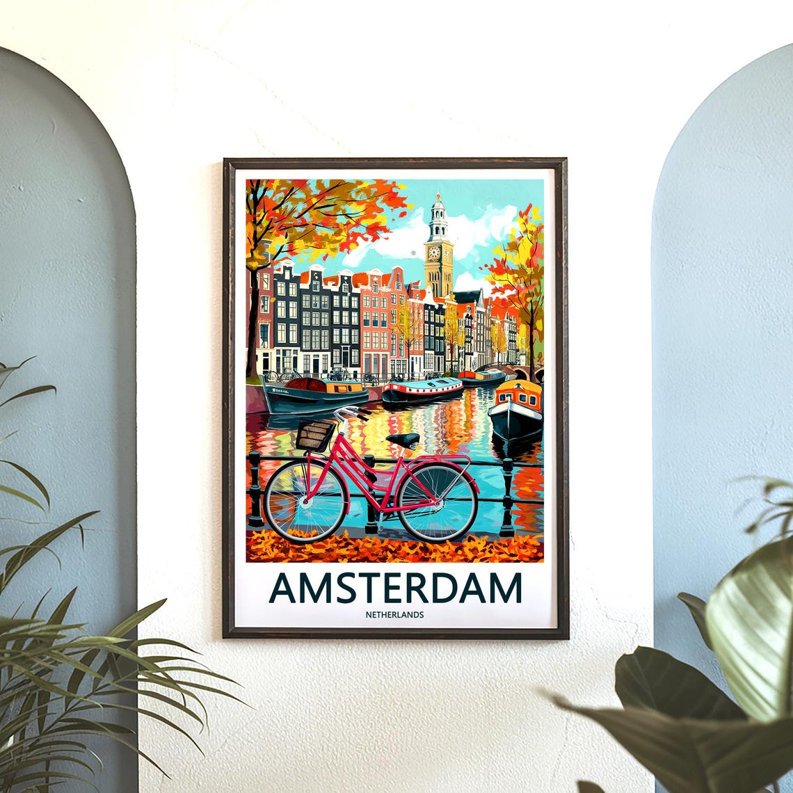 Amsterdam Canal with Pink Bicycle Autumn Leaves Art Travel Poster - Image 3