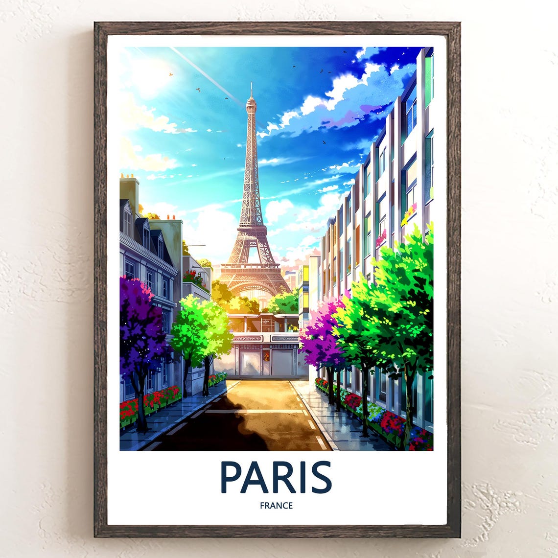 Eiffel Tower at the End of a Colorful Tree-Lined City Street Poster