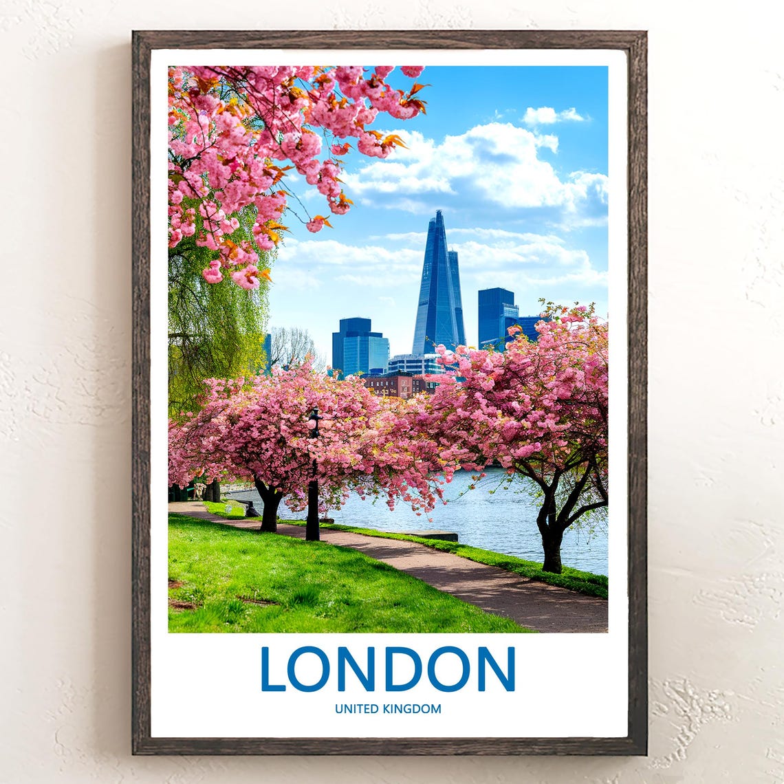 The Shard Over a Cherry Blossom Riverside Walk in Spring Poster