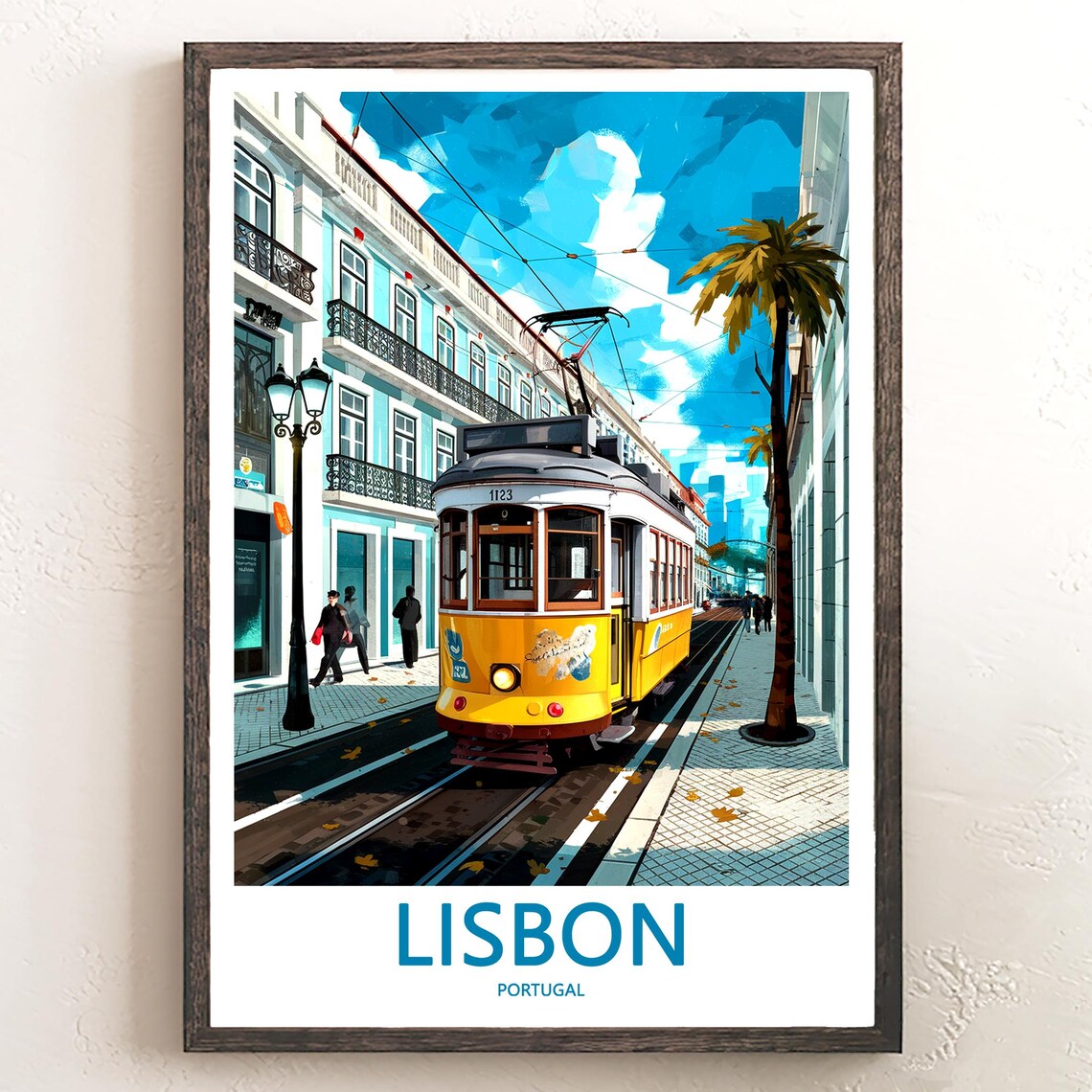 Lisbon Yellow Tram 1123 With Palm Trees and Pedestrians Poster