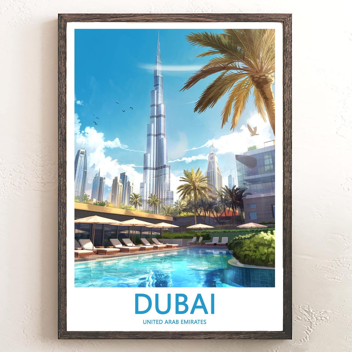 Dubai Burj Khalifa Infinity Pool Palm Trees Illustrated Poster