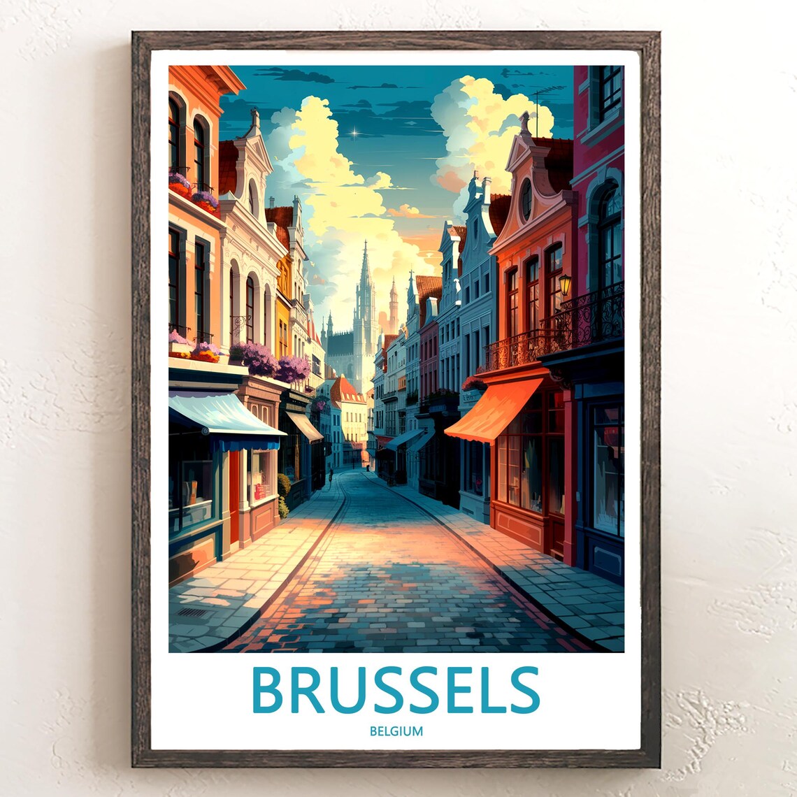 Brussels Cobblestone Street Flower Balconies Painted Scene Poster
