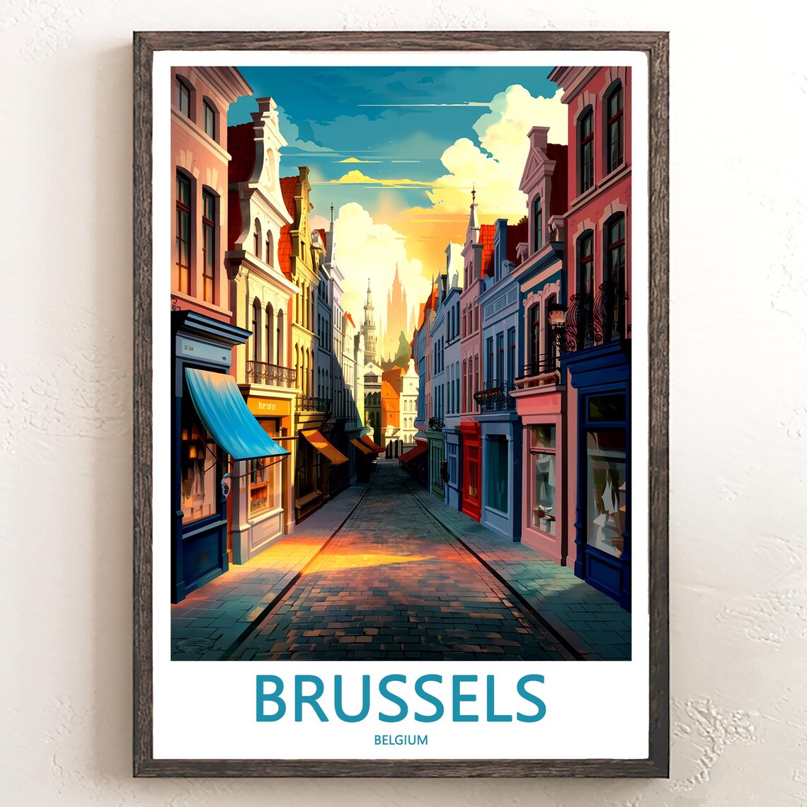 Brussels Cobblestone Street Colorful Houses Illustrated Poster