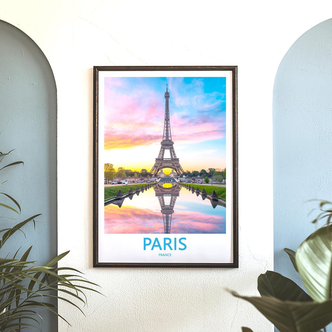 Paris Eiffel Tower Sunrise Pool Reflection Pastel Sky View Poster - Image 3