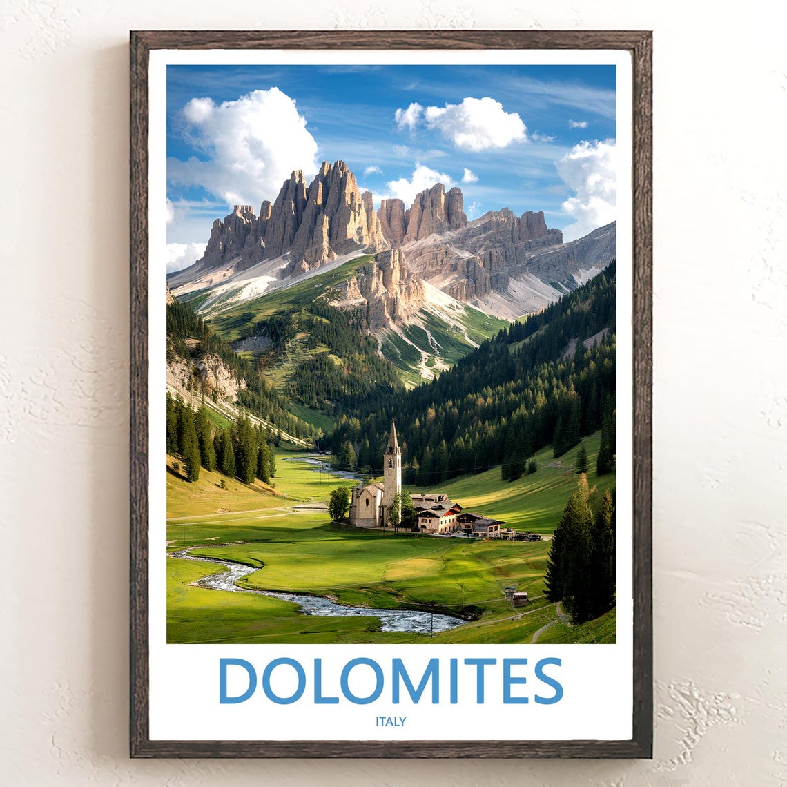 Dolomites Village Church by Stream in Green Valley Italy Poster