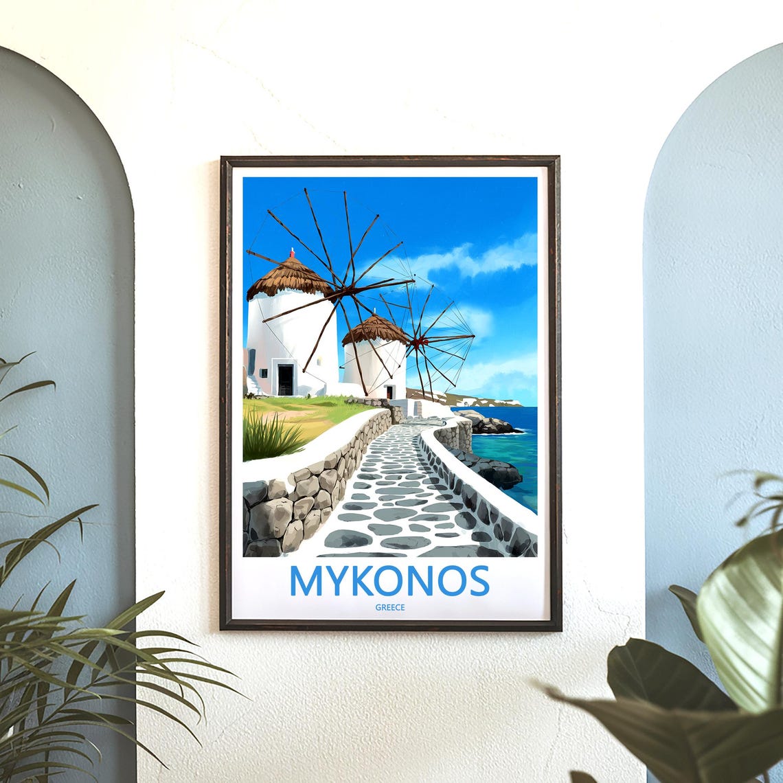 Mykonos Windmills Painted Vintage Greece Travel Decor Poster - Image 3