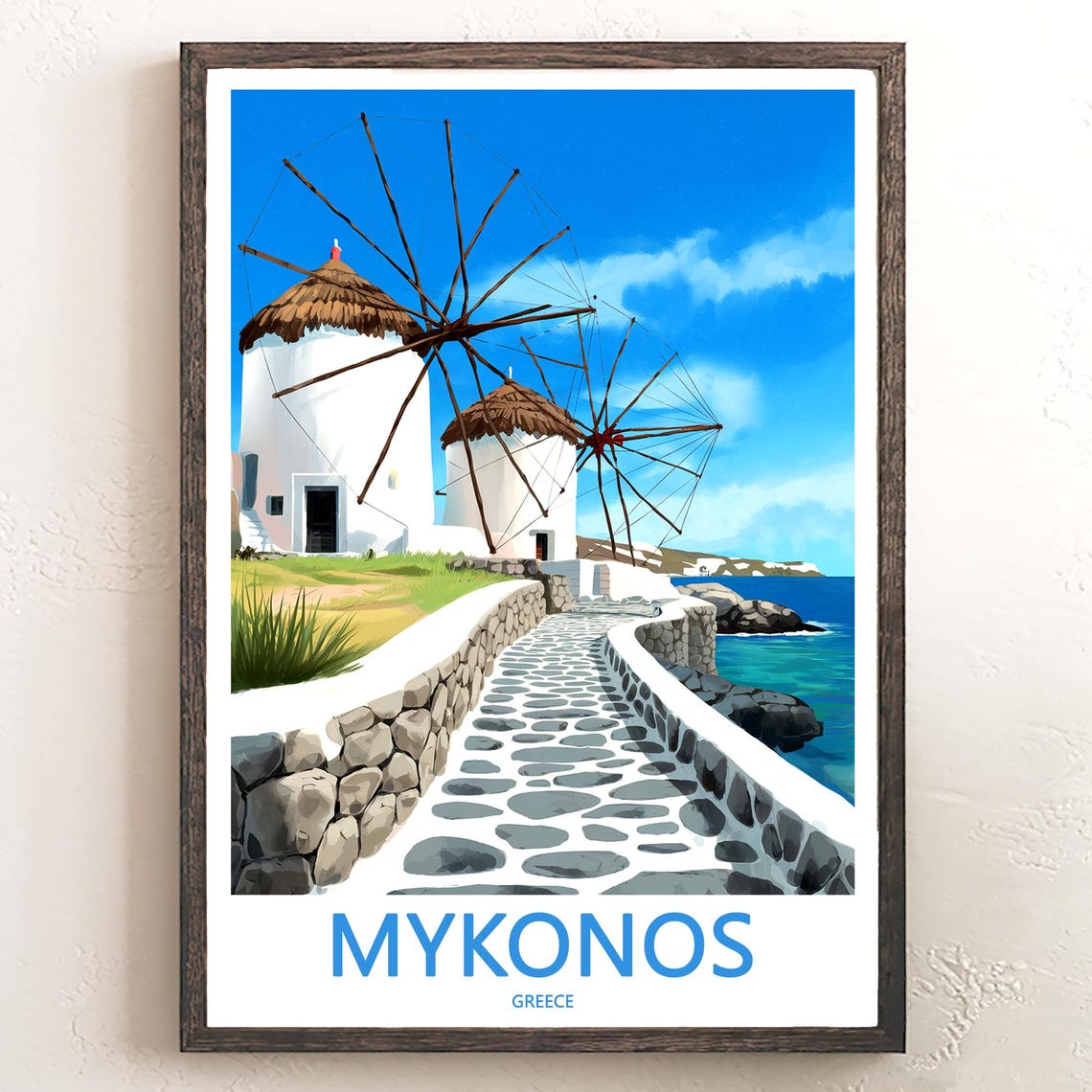 Mykonos Windmills Painted Vintage Greece Travel Decor Poster