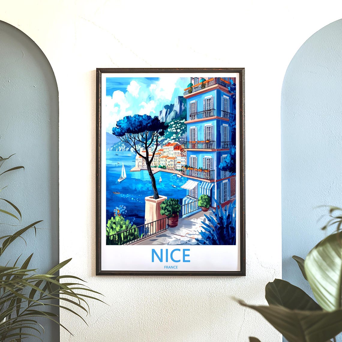 Nice France Terrace View Potted Pine Bay Travel Decor Poster - Image 3