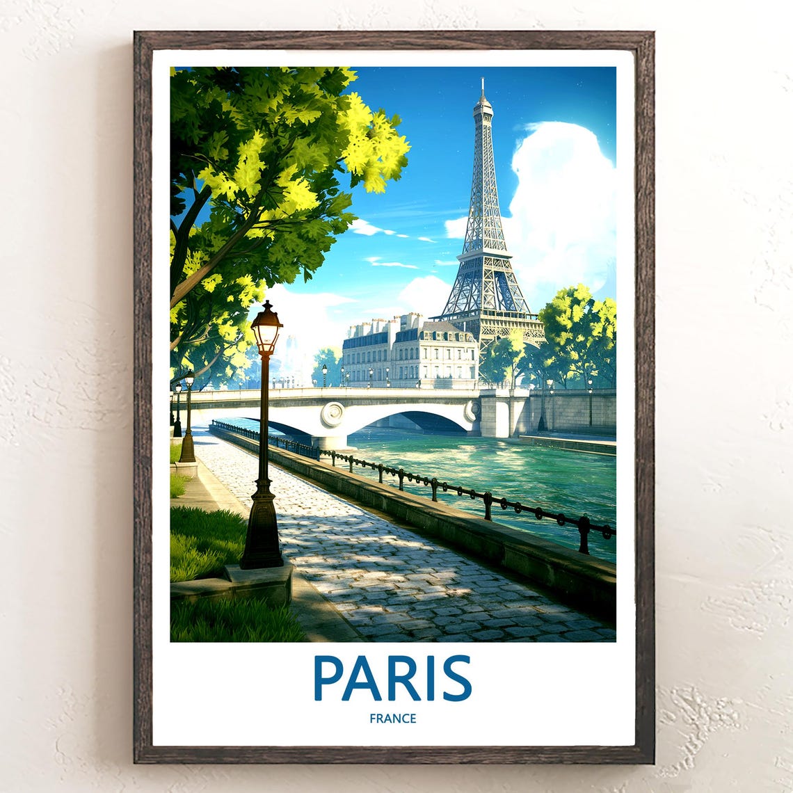 Eiffel Tower Above Seine Bridge with Sunlit Cobblestone Quay Poster