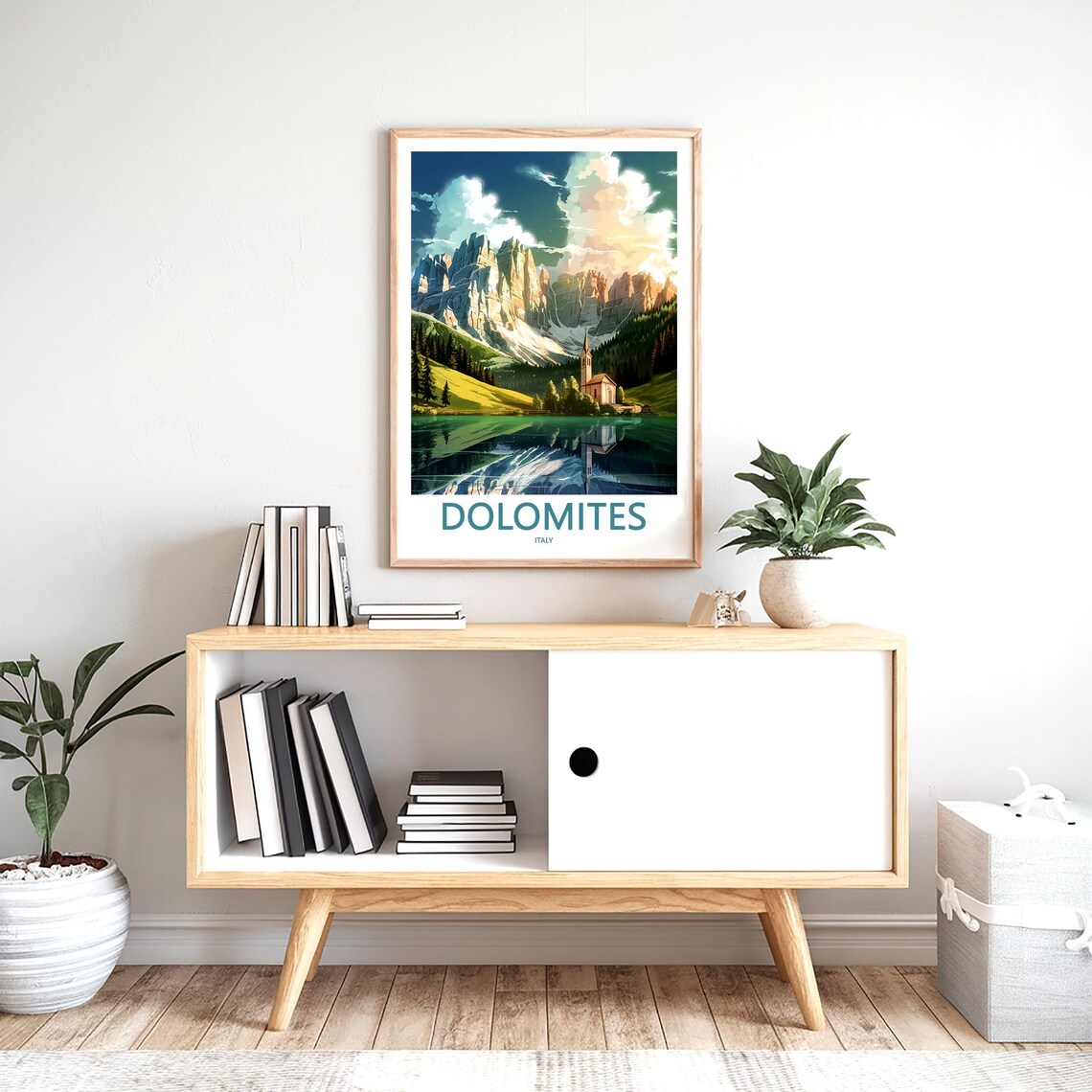 Dolomites Italy Church Lake Mirror Reflection Sunset Travel Poster - Image 2
