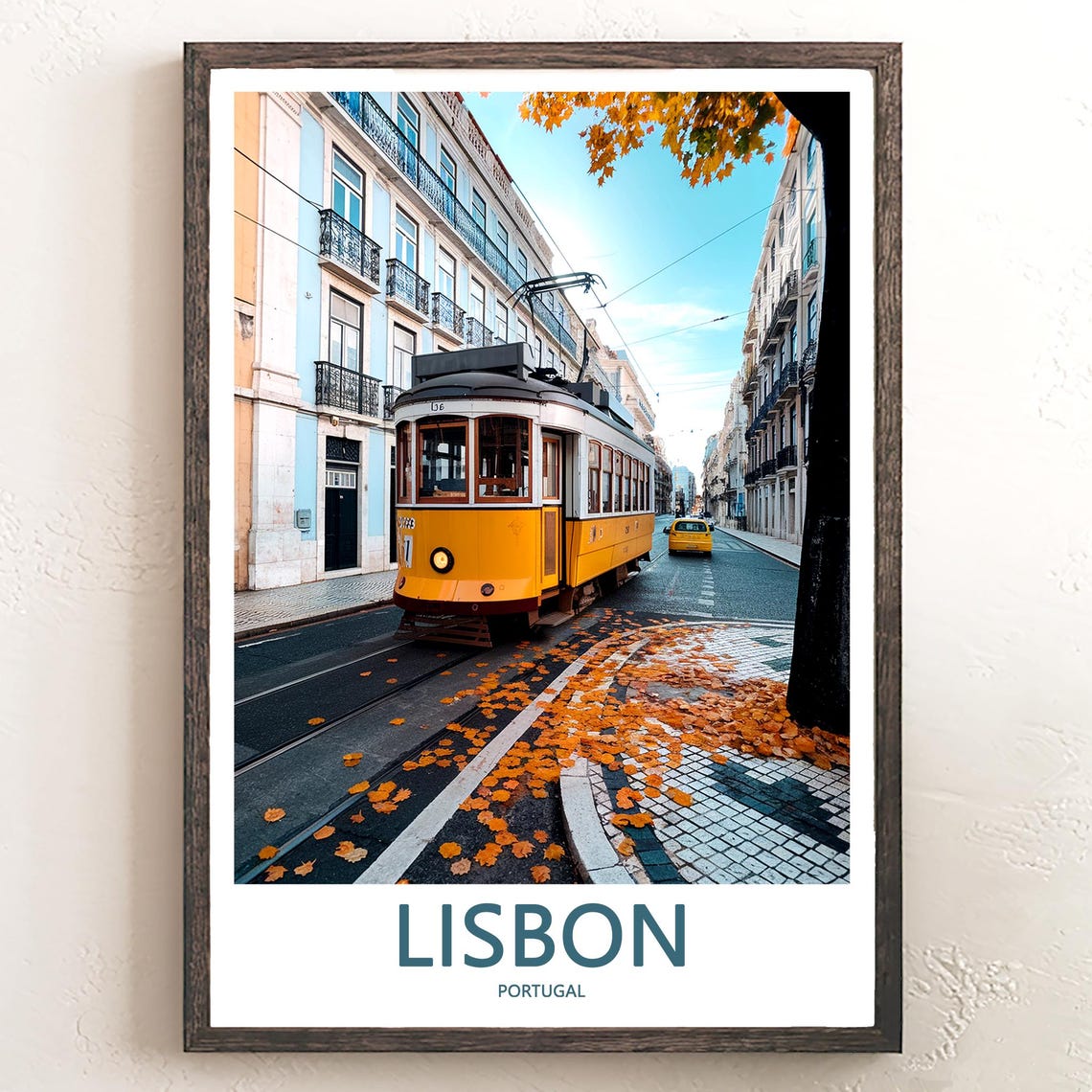 Lisbon Yellow Tram on an Autumn Street Strewn With Leaves Poster