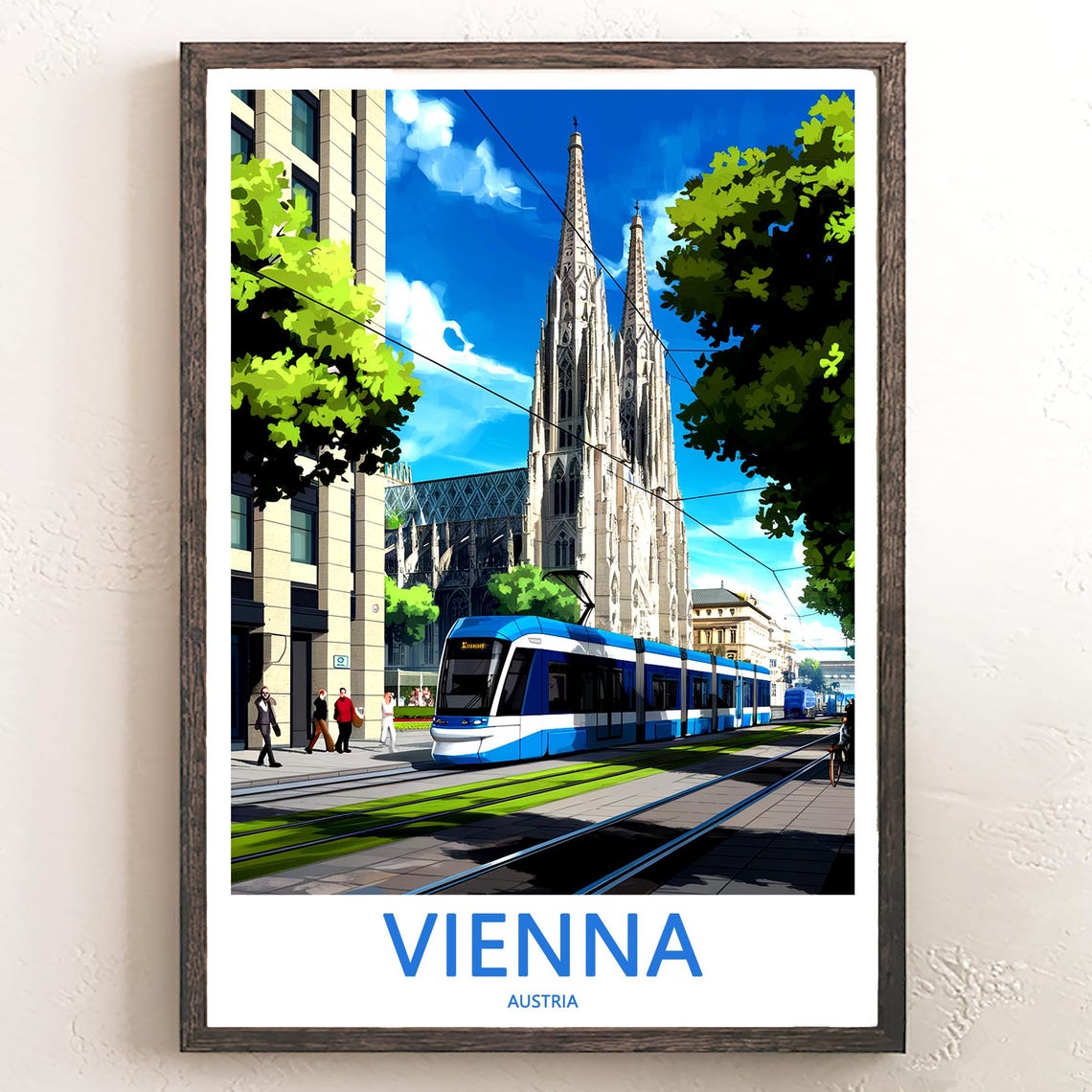 Vienna Austria Blue Tram and Gothic Church Street Scene Poster