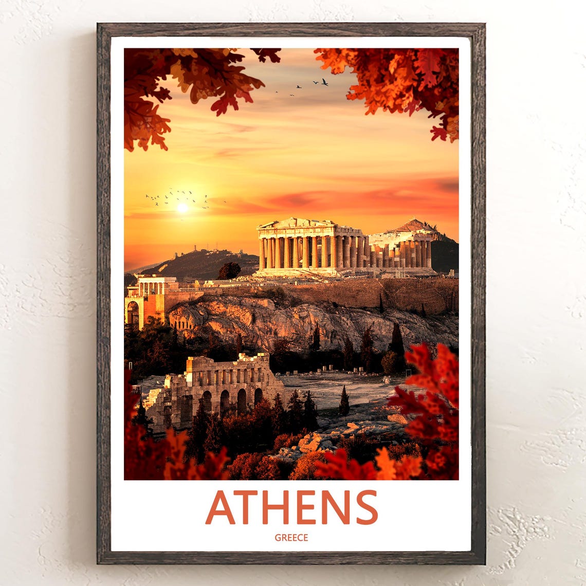 Athens Acropolis Sunrise Framed by Oak Leaves Odeon Photo Poster