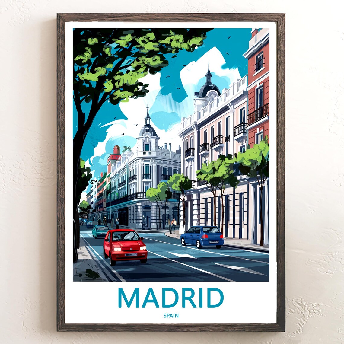Madrid Sunlit Street Red Blue Classic Cars Illustration Poster