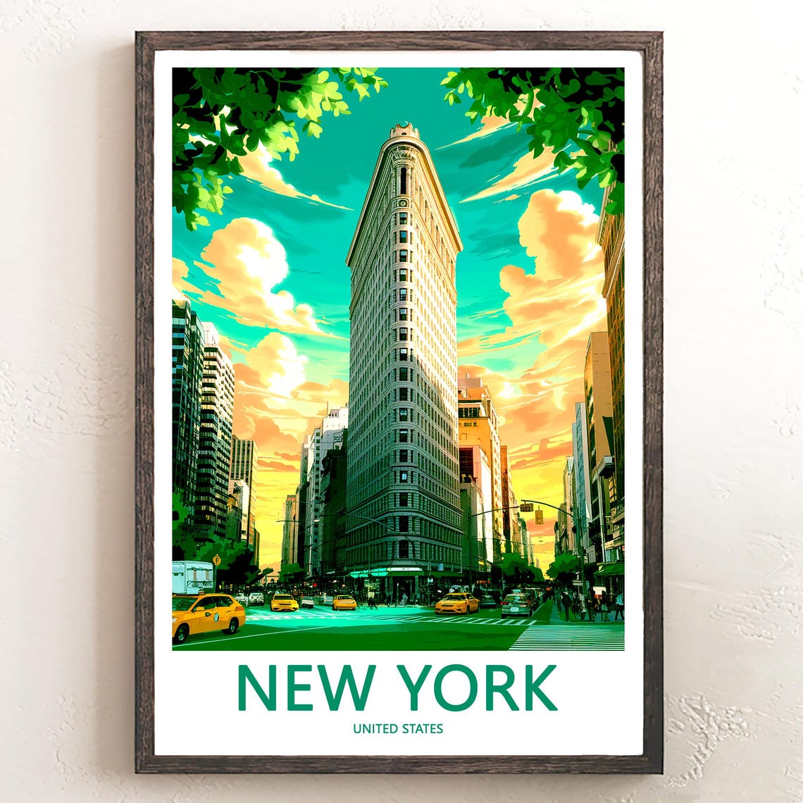 New York Flatiron Building Sunset Skyline Teal Sky Travel Poster
