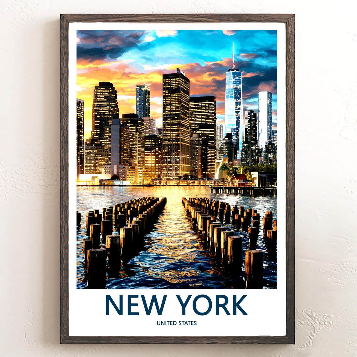 New York Manhattan Sunset Pier Pilings Golden Water Travel Poster