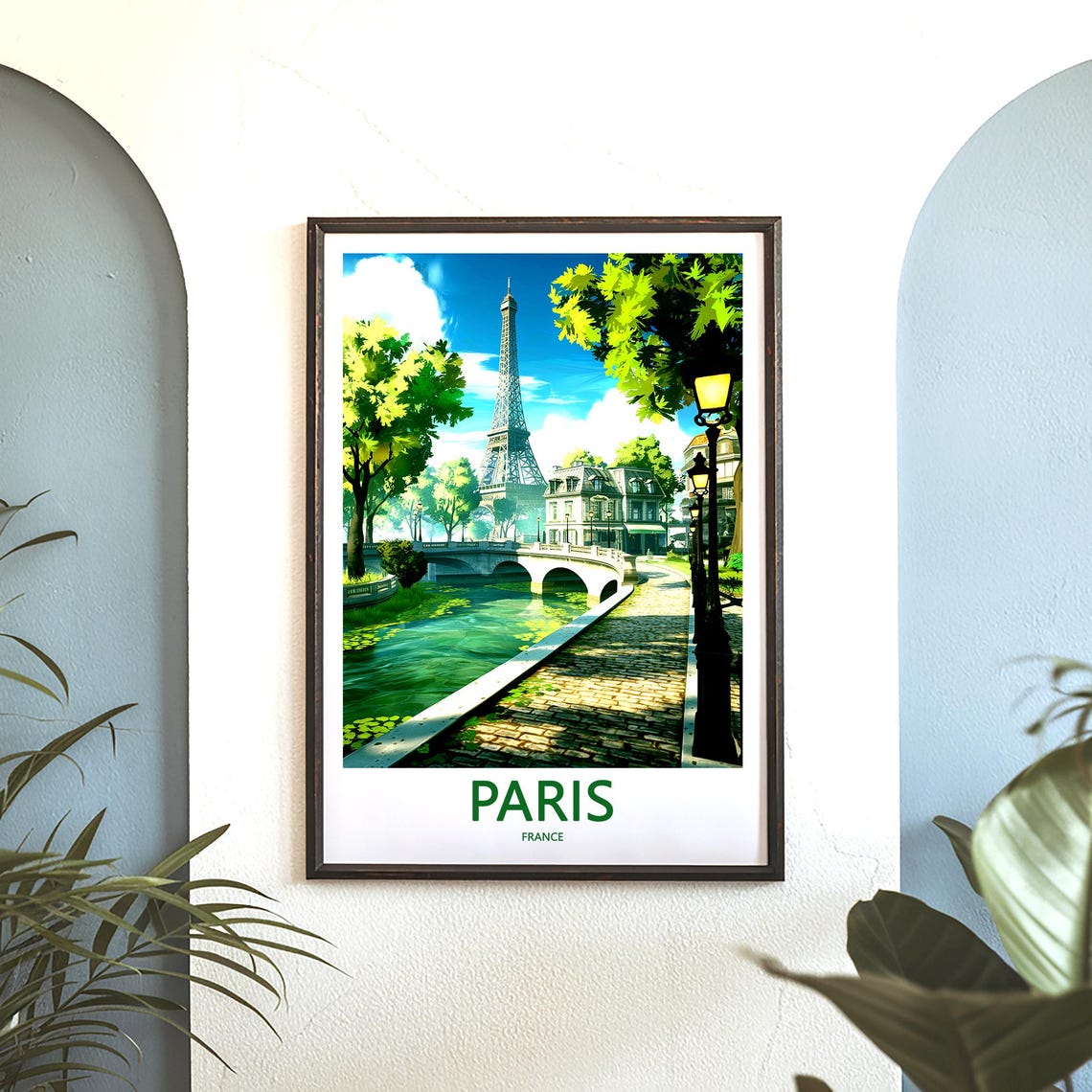 Eiffel Tower and Curved Seine Bridge in Lush Green Spring Poster - Image 3