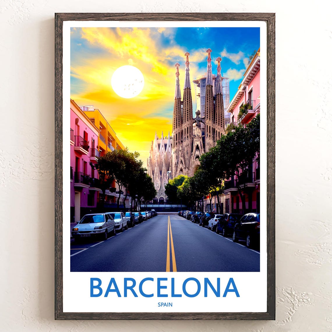 Barcelona Sagrada Familia Street Photo Dramatic Sunset Travel Poster