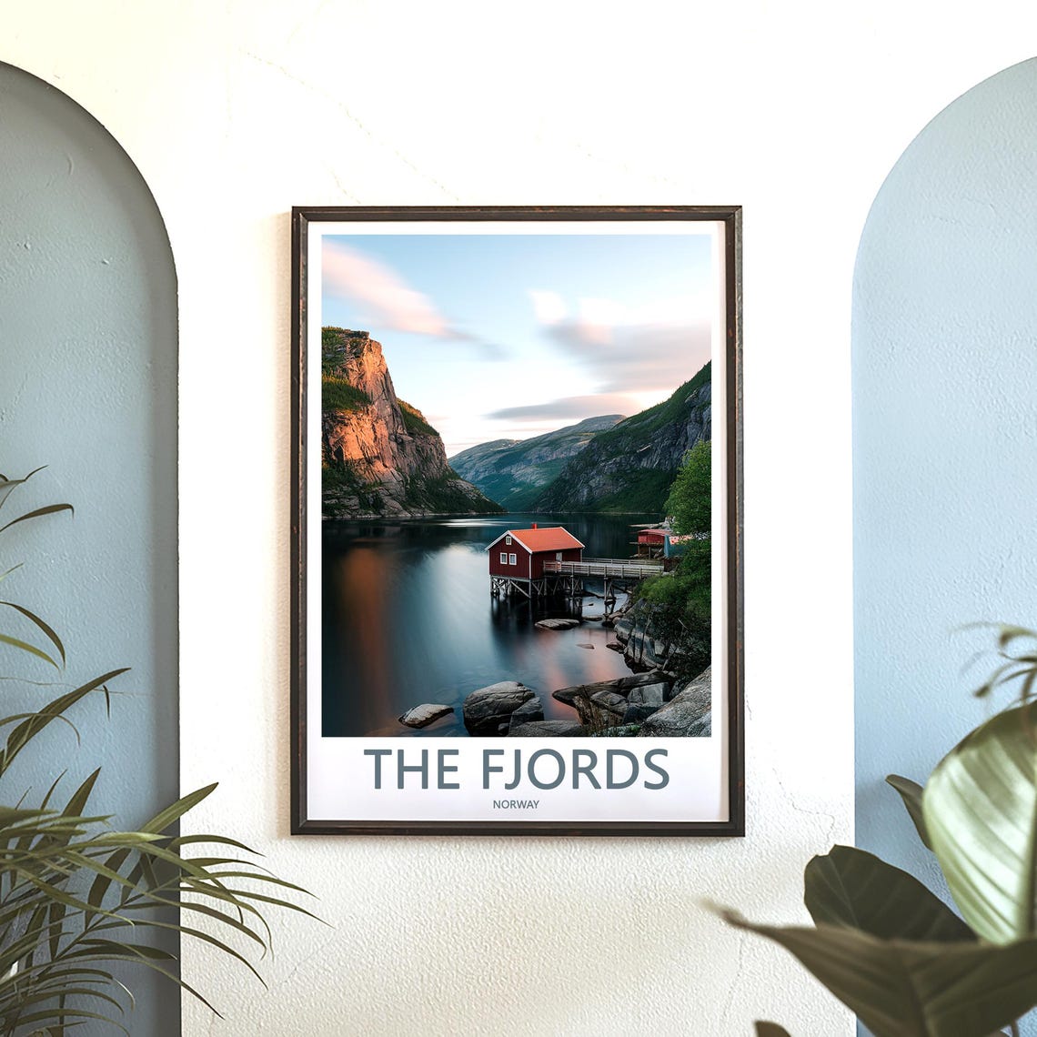 Norwegian Fjords Red Stilt Boathouse at Sunset Norway Travel Poster - Image 3