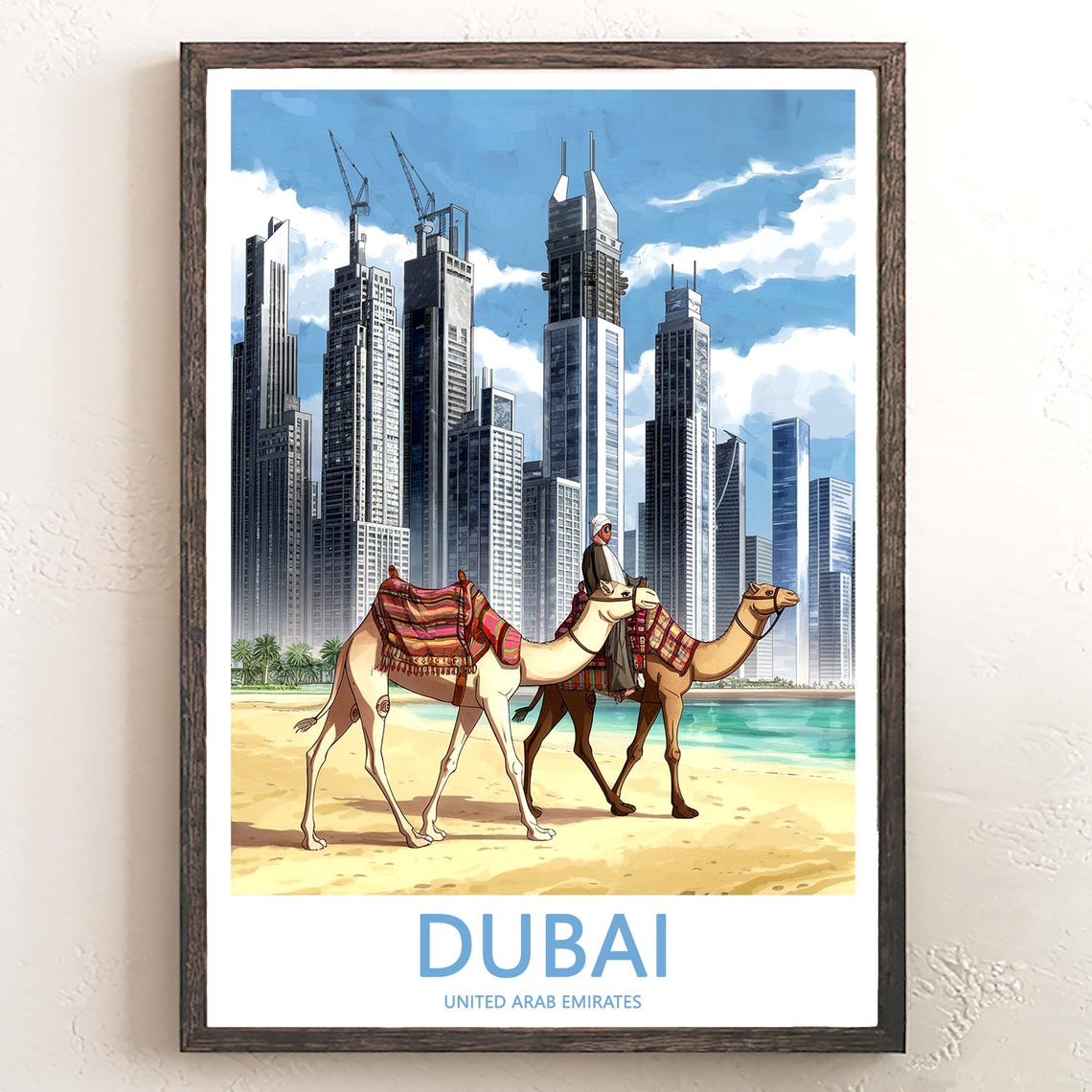 Dubai Camel Beach Downtown Skyline in Watercolor Style Poster