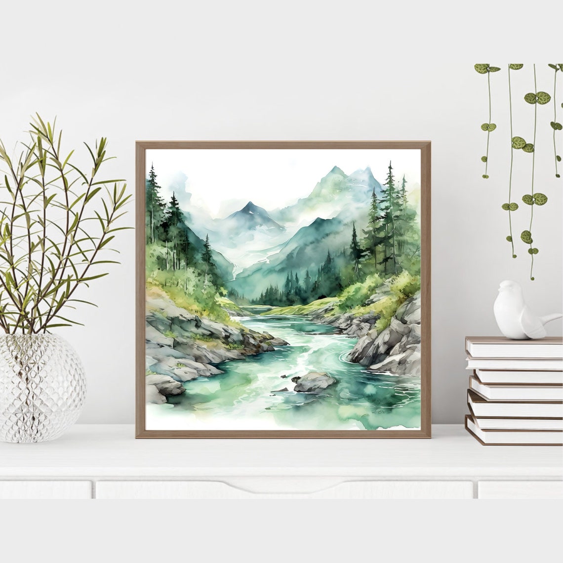 Turquoise Mountain River Watercolor with Forest and Peaks Poster - Image 4