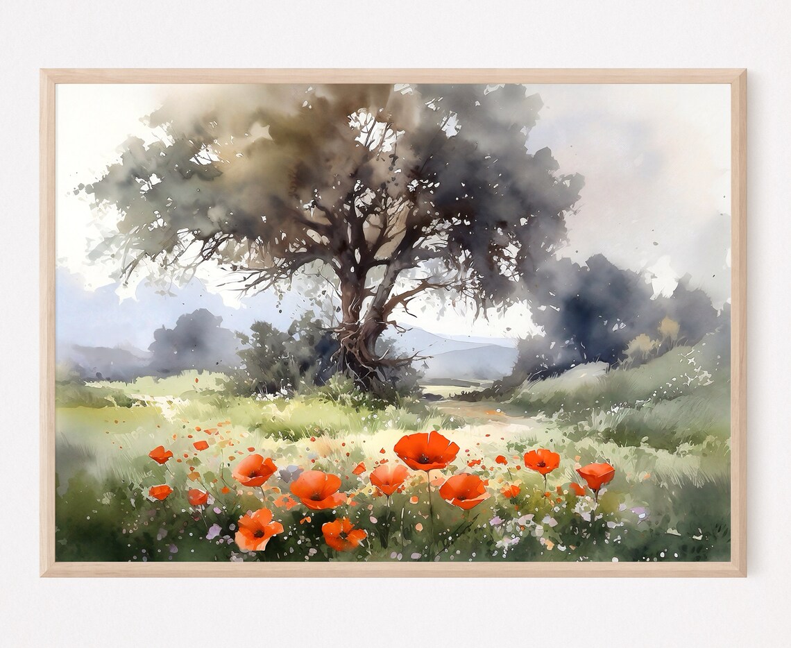 Summer Landscape Print, Spring Meadow Poppy Field