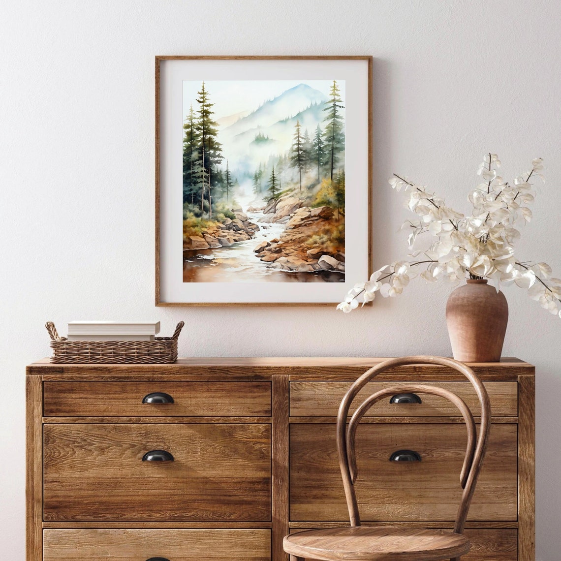 Misty Mountain Stream Watercolor with Pines and Soft Light Print - Image 3