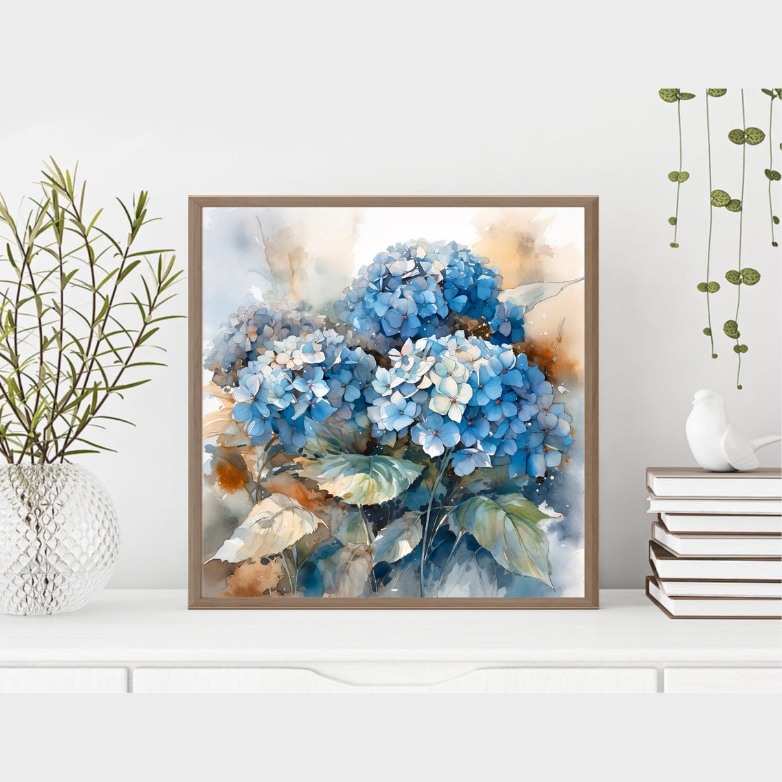Vivid Blue Hydrangea Blossoms Cluster Soft Watercolor Floral Poster - Image 4