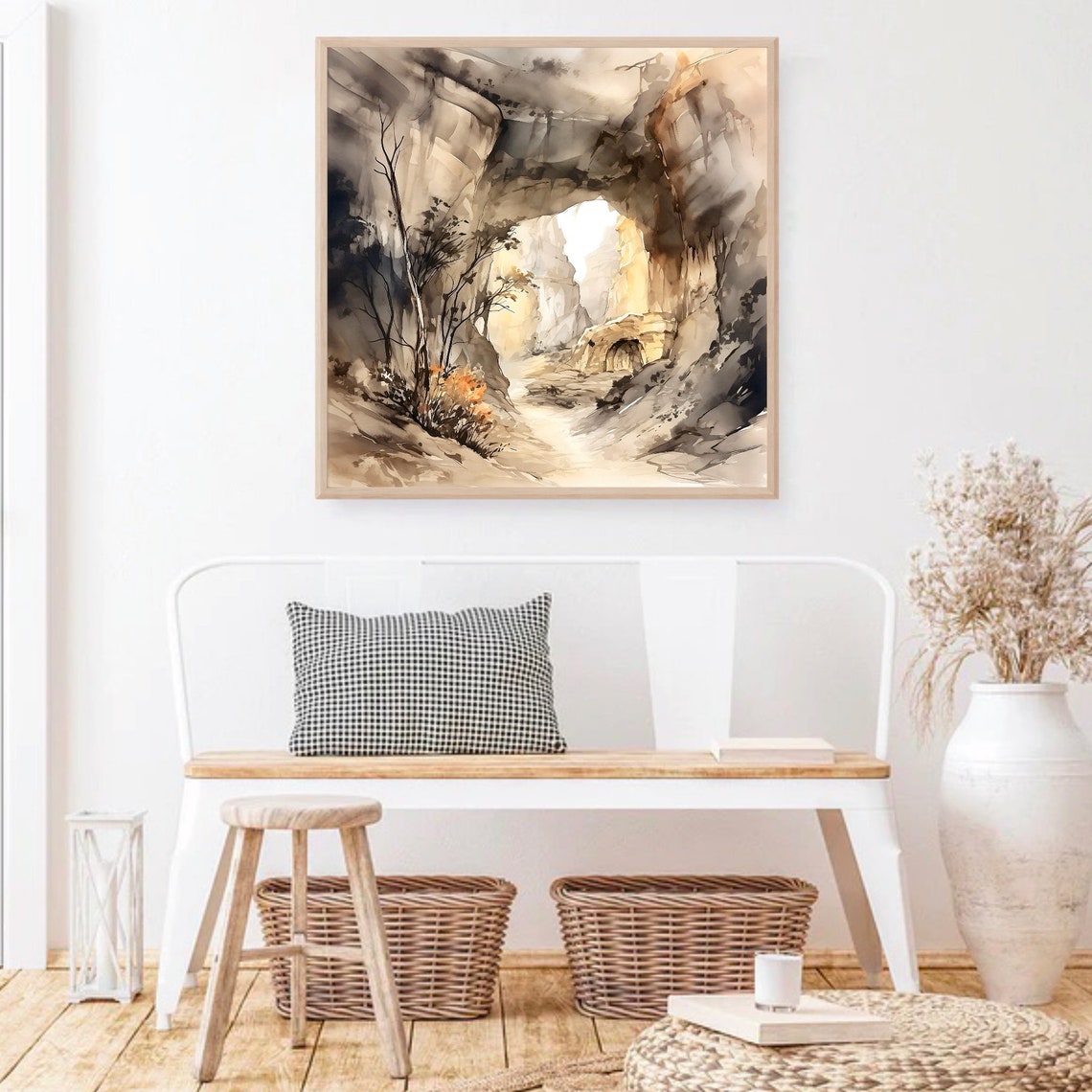Sepia Desert Canyon Watercolor with Rock Arch and Bare Trees Poster - Image 5