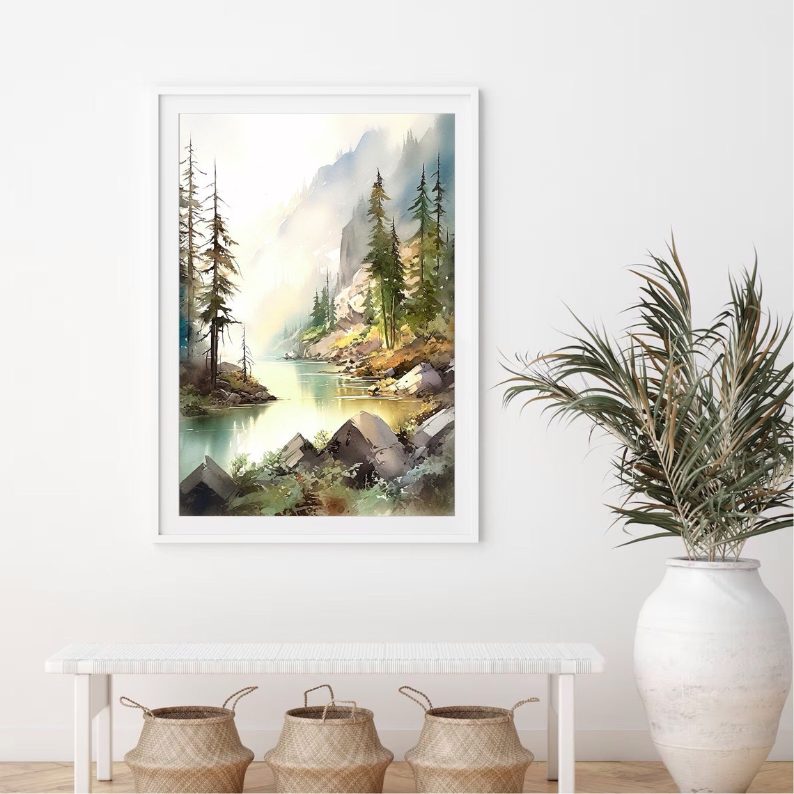 Calm Alpine Lake Pine Trees Misty Peaks Sunrise Watercolor Poster - Image 4