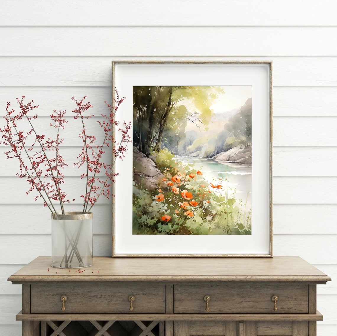 Orange Poppies Along Calm Forest River Watercolor Art Poster - Image 4