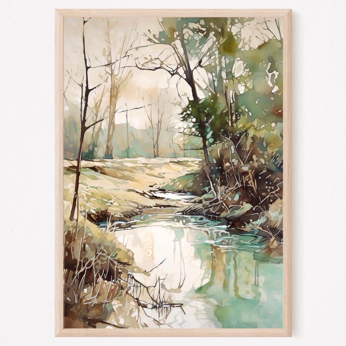 Meandering Stream Winding Through Sunlit Woodland Watercolor Poster