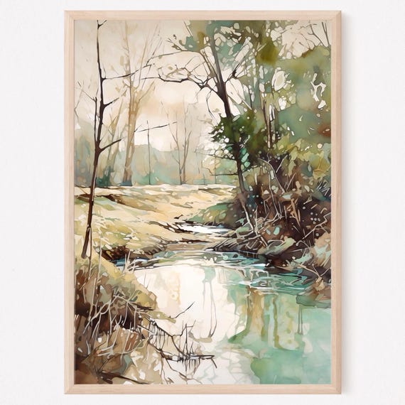 Forest River Watercolor Painting Art Print Rustic Nature Poster Home Decor Gift