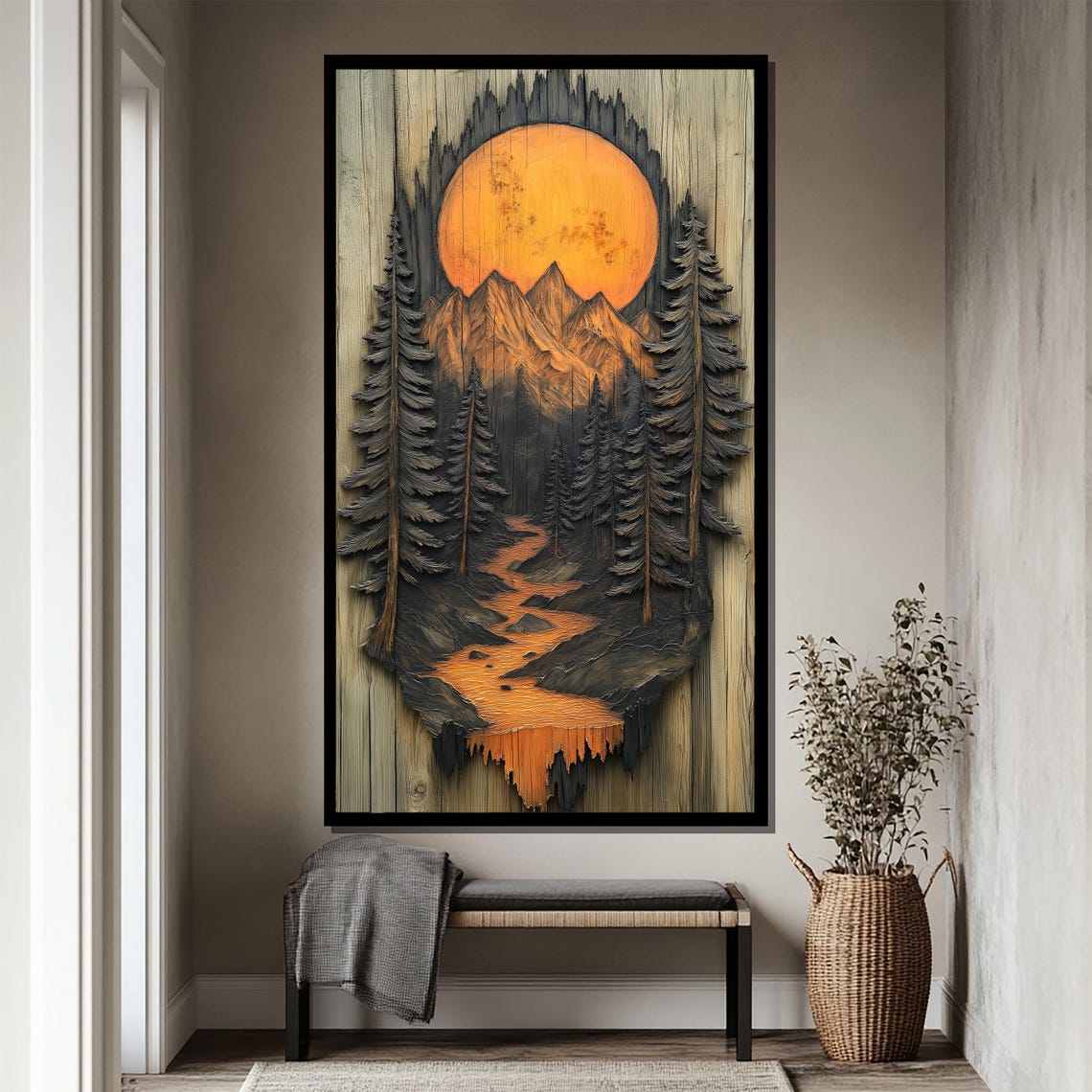 Dramatic Burnt Orange Sunset Over Mountain Pines Wood Carving Poster - Image 4